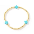 Bracciale di perline dorate con tre ciondoli a croce azzurri in una struttura circolare - Croce Blu-Perline Oro