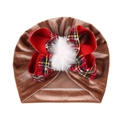 Detail of baby velvet turban hat with brown fabric and red plaid bow with pompom - Light Coffee