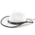 White felt cowboy hat with whipstitched brim and leather band featuring bull head metal stud - M (56-58cm) / White Black Edge