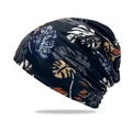 Tropical leaf print slouchy beanie in black with blue and yellow floral patterns - Black with Leaves