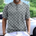 Detail van de gebreide textuur van een grijs en zwart geblokt poloshirt met korte mouwen - S / Grijs