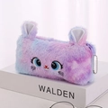 Gradient purple and blue plush cat pencil case with embroidered face and 3D ears - Purple Multi