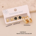 Three-piece set of gold stainless steel earrings with square and crystal drop designs - Square / Ball / Hoop