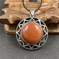 Vintage round aventurine hexagram necklace with silver metal frame and black cord - Gold Sand Stone (Synthetic)