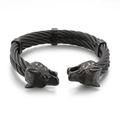 Punk style black wire cable bracelet featuring detailed wolf head ends for men - Wolf Head (KB144756-KFC) / Black
