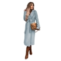 Light blue long woolen coat for women with classic lapel collar and waist tie belt - Sky Blue