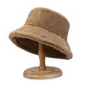 Sombrero de pescador de piel sintética marrón grueso para mujer, cálido y moderno - café