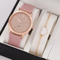 Schickes Damen Quarzuhren-Set mit rosa PU-Band und goldenem Herzanhänger in Geschenkbox - Rosa (Einzelne Uhr)