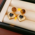Vintage gouden hart oorbellen met tijgeroog en zwarte steen in een sieradendoosje - 2# Zilveren oorsteker - Goud - Zwart - Echt verguld hart
