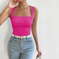 Close-up of rose pink ribbed knit tank top featuring a square neck and slim fit texture - S / Rose Red