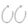 Detail of silver hoop earrings featuring baguette-cut zircon stones on a white background - Silver Clear Zirconia