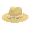 Detailed weave of beige straw panama hat with elegant pearl ribbon band accessory - M (56-58cm) / Beige