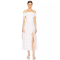 Elegante witte midi-jurk met blote schouders, ruches halslijn en hoge split - S / Wit