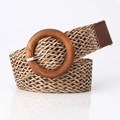 Women's woven belt with round wooden buckle in brown and beige bohemian style - Khaki