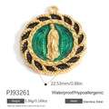 Gold stainless steel Virgin Mary religious pendant with green enamel detail and dimensions - Green and Black Enamel Virgin Mary Round Pendant (PJ93261)