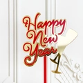 Red and gold acrylic Happy New Year cake topper with champagne glass silhouette design - Wine Glass Happy New Year Red Gold