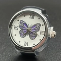 Silver quartz ring watch featuring a white dial with a purple butterfly and Roman numerals - Purple