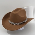 Brown felt cowboy hat with sparkling rhinestone chain and silver bead trim for parties - Camel