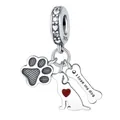 S925 sterling silver dog charm with heart bone and red enamel paw print for bracelets - Paw Dog and Bone Pendant 0024