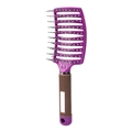 Curved purple boar bristle hairbrush with ergonomic brown non-slip handle for scalp massage - Purple Without Bristles