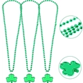 Detailed view of green St. Patrick's Day bead necklaces with clover pendants on white background - 3 Pack Clovers (ZL181220)