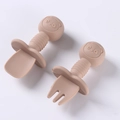 Silicone baby feeding set with bear handles and safety guard in light brown - All-Silicone Short Spoon + Short Fork / Tan