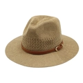 Detail of woven straw fedora featuring a brown leather band and gold metal buckle - Khaki