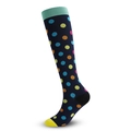 Dark blue compression socks with colorful polka dots, green cuff, and yellow toe detail - L/XL / Colored Polka Dots