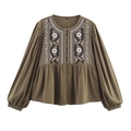 Olive green long sleeve women shirt with white floral embroidery and button-down front - XS / Olive Green