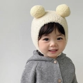 Cozy cream white baby knit hat with bear ears and ear protection for winter warmth - Plush Pom-pom Hat / Off White