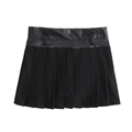 Women's black high-waisted pleated mini skirt with faux leather and fabric patchwork - XS / Black