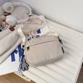Minimalist beige nylon crossbody phone bag with black logo tag and cute bear charm - White (With Charm)
