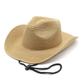 Detail of hand-woven straw cowboy hat featuring adjustable black windproof chin strap - M(56-58cm) / Khaki