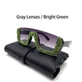 Fashion oversized semi-rimless sunglasses with grey lenses and bright green rhinestones - Grey Lens Bright Green Rhinestone
