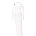 Detail of white halter neck maxi dress featuring sexy waist cut-outs and a slim fit design - S / White
