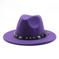 Detailed view of purple wool fedora hat featuring black leather band and turquoise stone - M (56-58cm) / Purple