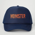 Navy blue trucker hat with orange MOMSTER embroidery and breathable mesh panels - One Size / Navy Blue
