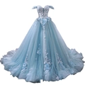 Sky blue off-shoulder ball gown wedding dress with white lace and 3D floral details - Sky Blue Floor Length