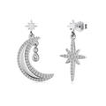Asymmetric S925 sterling silver earrings with moon and star drop pendants and white zircon - Asymmetric Star Moon(DY110317-S-W-WH) / White Gold With White Zirconia