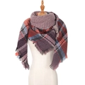 Plaid knit triangle scarf in purple, blue, and orange with stylish fringe edges - 03# Purple (Purple Blue Orange Plaid)