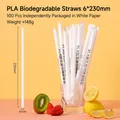 Eco-friendly white PLA biodegradable drinking straws 6x230mm in individual paper wrap - Biodegradable 6*230mm Pointed Thin White Straws-100pcs White Paper Wrap