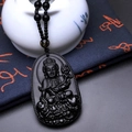 Polished black obsidian Buddha pendant with gold scripture beads and a black beaded necklace - Dragon/Snake (Samantabhadra) - With Bead Chain