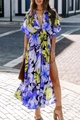 Detail of floral print maxi dress featuring deep V-neck and high side slit design - S / Blue