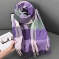 Classic British style plaid scarf in purple and green with long tassels and fringe - Purple
