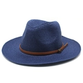 Detailed weave of navy straw Panama hat with brown leather band and bronze buckle - M (56-58cm) / Navy Blue