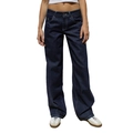 Jean large à taille haute en denim bleu foncé délavé avec coutures apparentes - Bleu Noir
