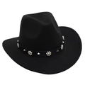 Detail of black wool fedora with studded leather band and pearl floral accents - Black