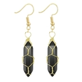 Bohemian wire wrapped black hexagonal crystal drop earrings with golden copper wire - Wire Wrapped Hexagonal Prism Earrings / Gold Obsidian Earrings