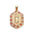 Macro detail of hexagonal Virgin Mary pendant with gold finish and inlaid zircon stones - Orange Virgin Mary Style