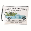 Portable white canvas cosmetic bag with blue vintage truck and farmers market print - Blue Truck Farmers Market Style (xy-008-04) / With Strap